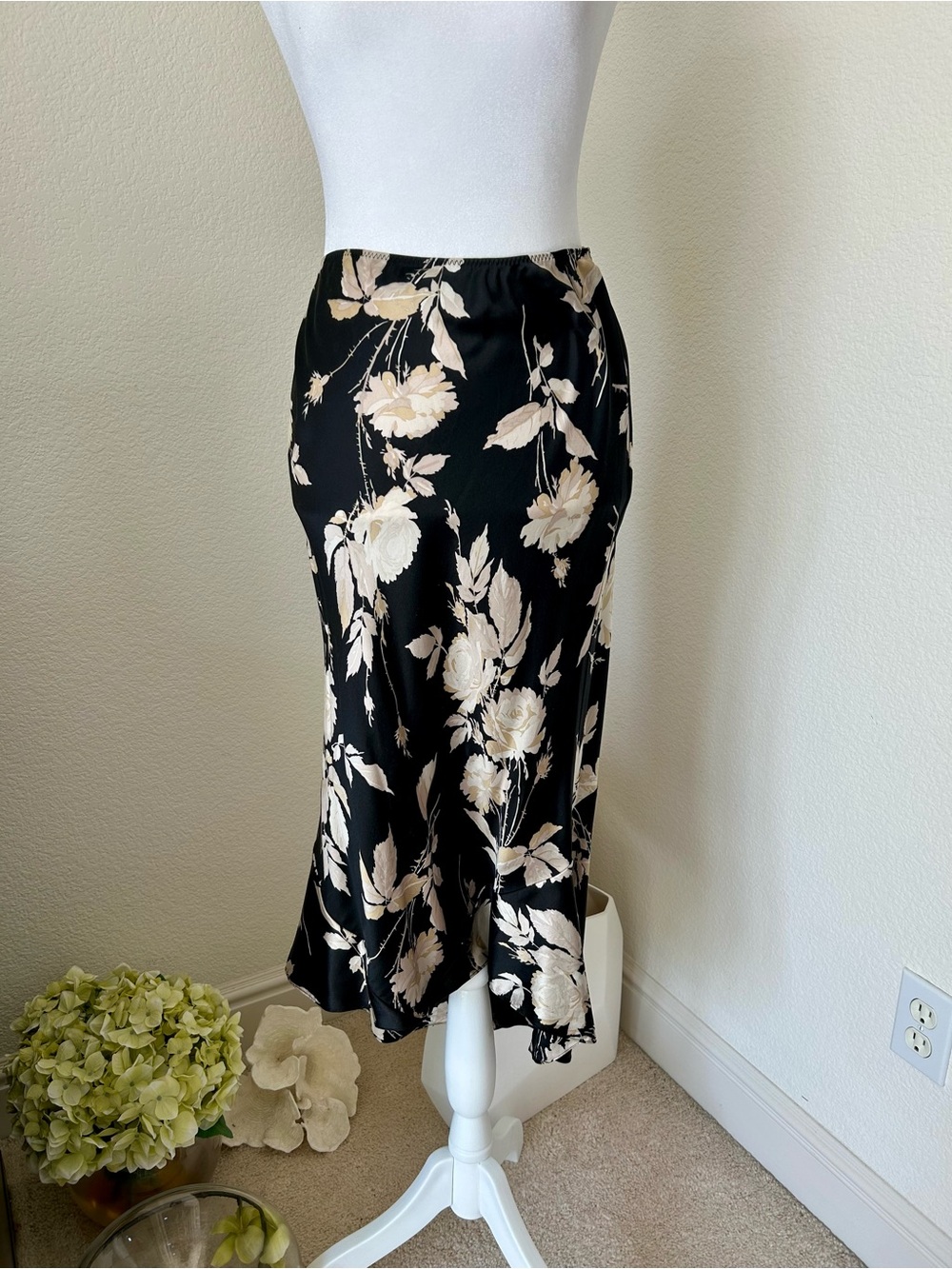 Express Black Floral Silk Midi Skirt